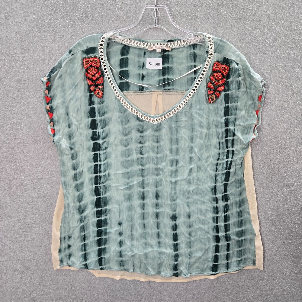 Miss Me Women Top Small Blue Tie Dye Blouse Embroidered Beaded Southwestern READ